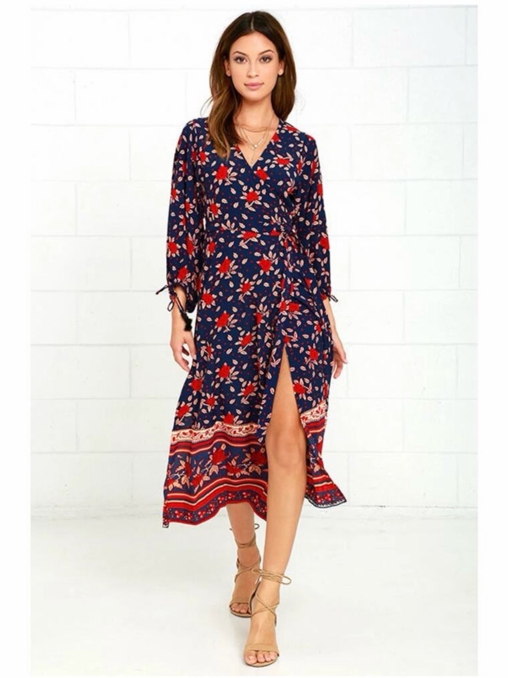 Faithfull the Brand Atlas Navy Midi Wrap Dress with Red Floral Print